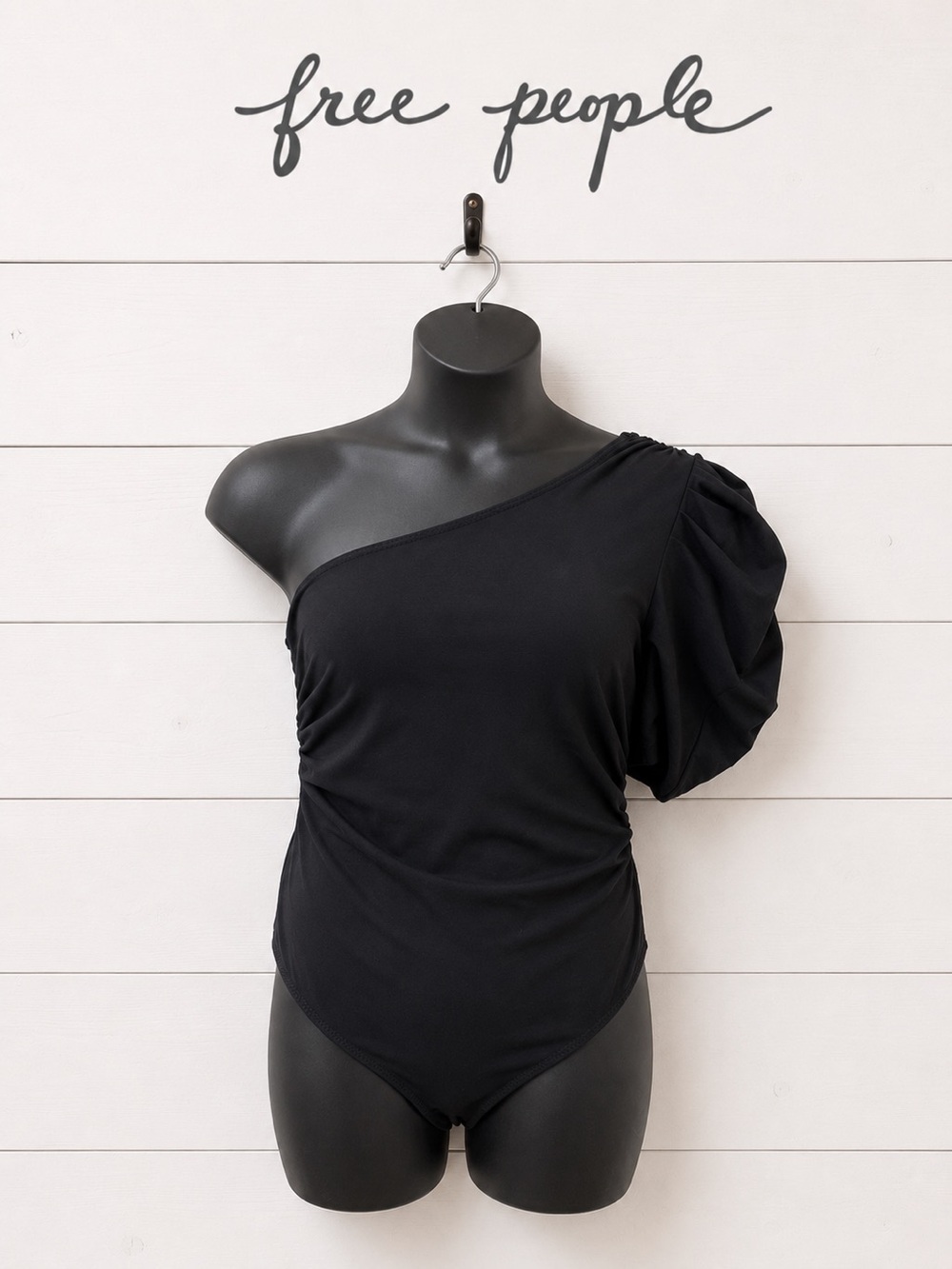 FREE PEOPLE INTIMATELY Black One-Shoulder Puff Sleeve Bodysuit Size L